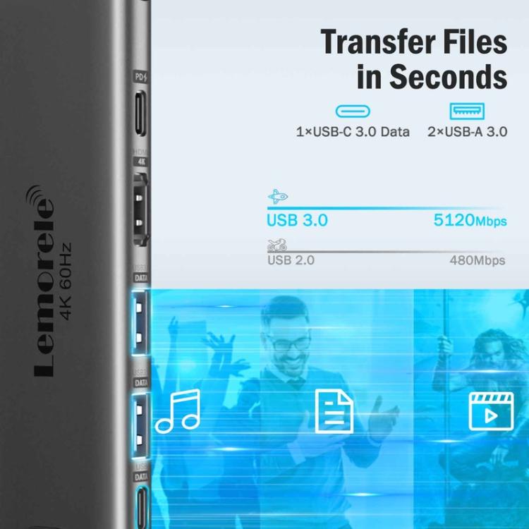 Lemorele Dockningsstation TC44L 6-i-1 med HDMI 4K, kortläsare och 100W PD / USB-C-hubb / PD-docka
