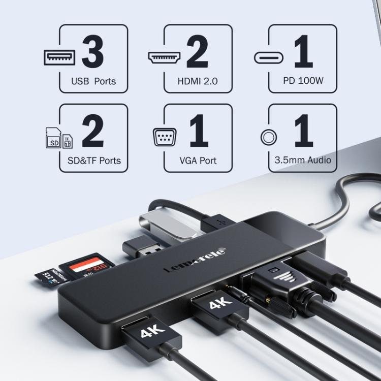 Lemorele Dockningsstation TC94 10-i-1 med dubbel HDMI, VGA och 100W PD / USB-C-docka / AV-hubb