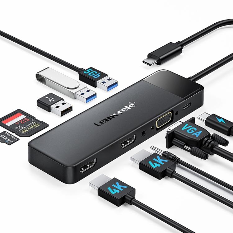 Lemorele Dockningsstation TC94 10-i-1 med dubbel HDMI, VGA och 100W PD / USB-C-docka / AV-hubb