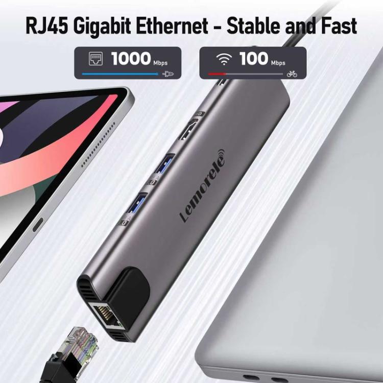 Lemorele Dockningsstation TC65L USB-C med HDMI 4K, Gigabit Ethernet och PD-laddning / Docka / Hubb