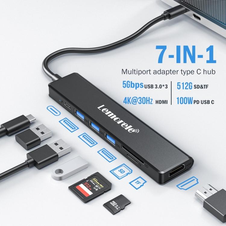 Lemorele Dockningsstation TC90 7-i-1 med HDMI 4K, Gigabit Ethernet och 100W PD / USB-docka / Hubb
