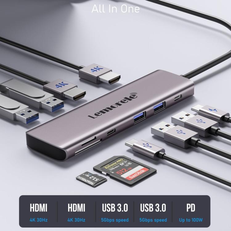 Lemorele Dockningsstation TC91 USB-C för trippelskärm med Ethernet och 100W PD / USB-docka / Hubb