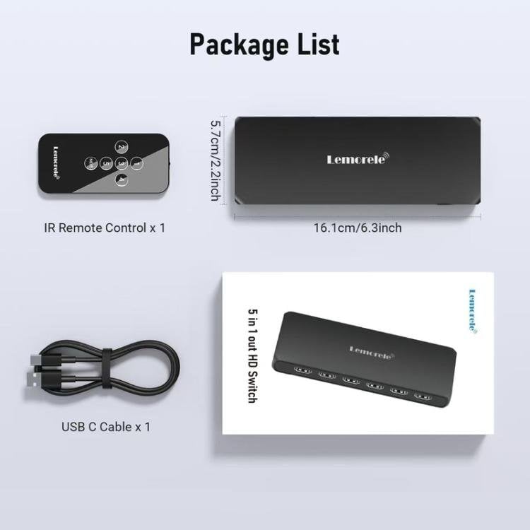 Lemorele HDMI-switch G96 5-in/1-ut 4K med fjärrkontroll / HDMI-växlare / 5-portars switch