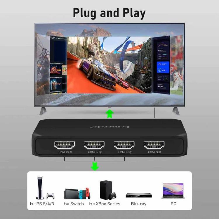 Lemorele HDMI-switch G99 3-in/1-ut 4K 60Hz med fjärrkontroll / HDMI-växlare / 3-portars switch
