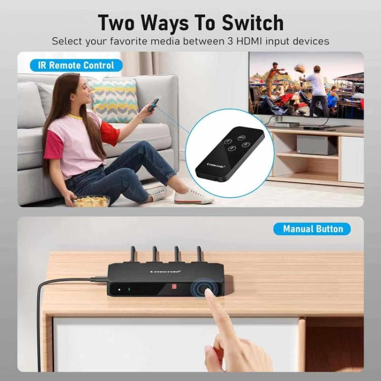 Lemorele HDMI-switch G99 3-in/1-ut 4K 60Hz med fjärrkontroll / HDMI-växlare / 3-portars switch