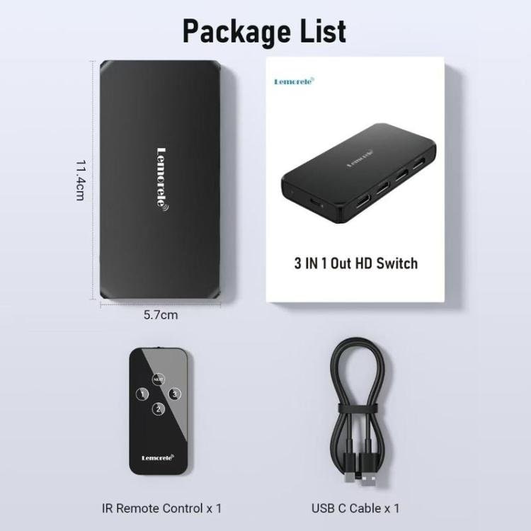 Lemorele HDMI-switch G99 3-in/1-ut 4K 60Hz med fjärrkontroll / HDMI-växlare / 3-portars switch