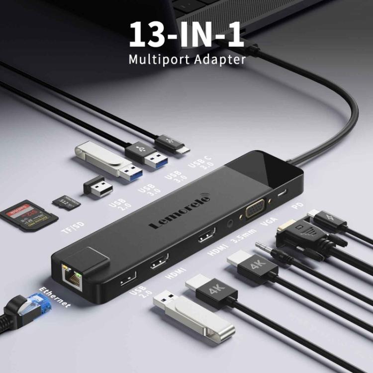 Lemorele Dockningsstation TC100 13-i-1 med HDMI, Gigabit Ethernet och PD-laddning / Dock / Hubb