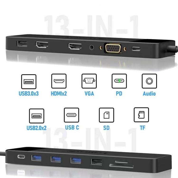 Lemorele Dockningsstation TC200 13-i-1 med HDMI, VGA och flera portar / USB-C-hubb / Multidock