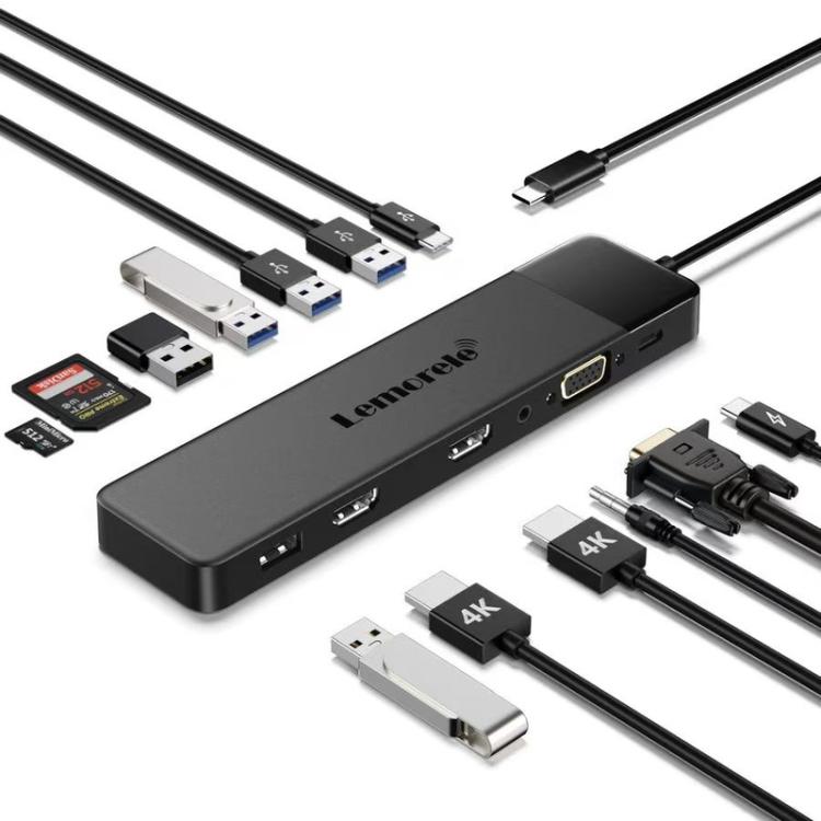 Lemorele Dockningsstation TC200 13-i-1 med HDMI, VGA och flera portar / USB-C-hubb / Multidock