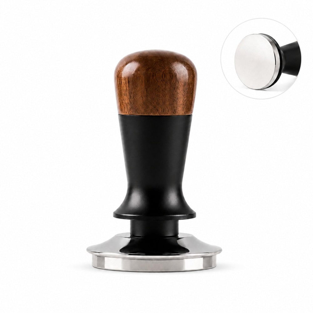 Kaffetamper 58mm med konstant tryck och valnötshandtag, plan botten / Espressotamper