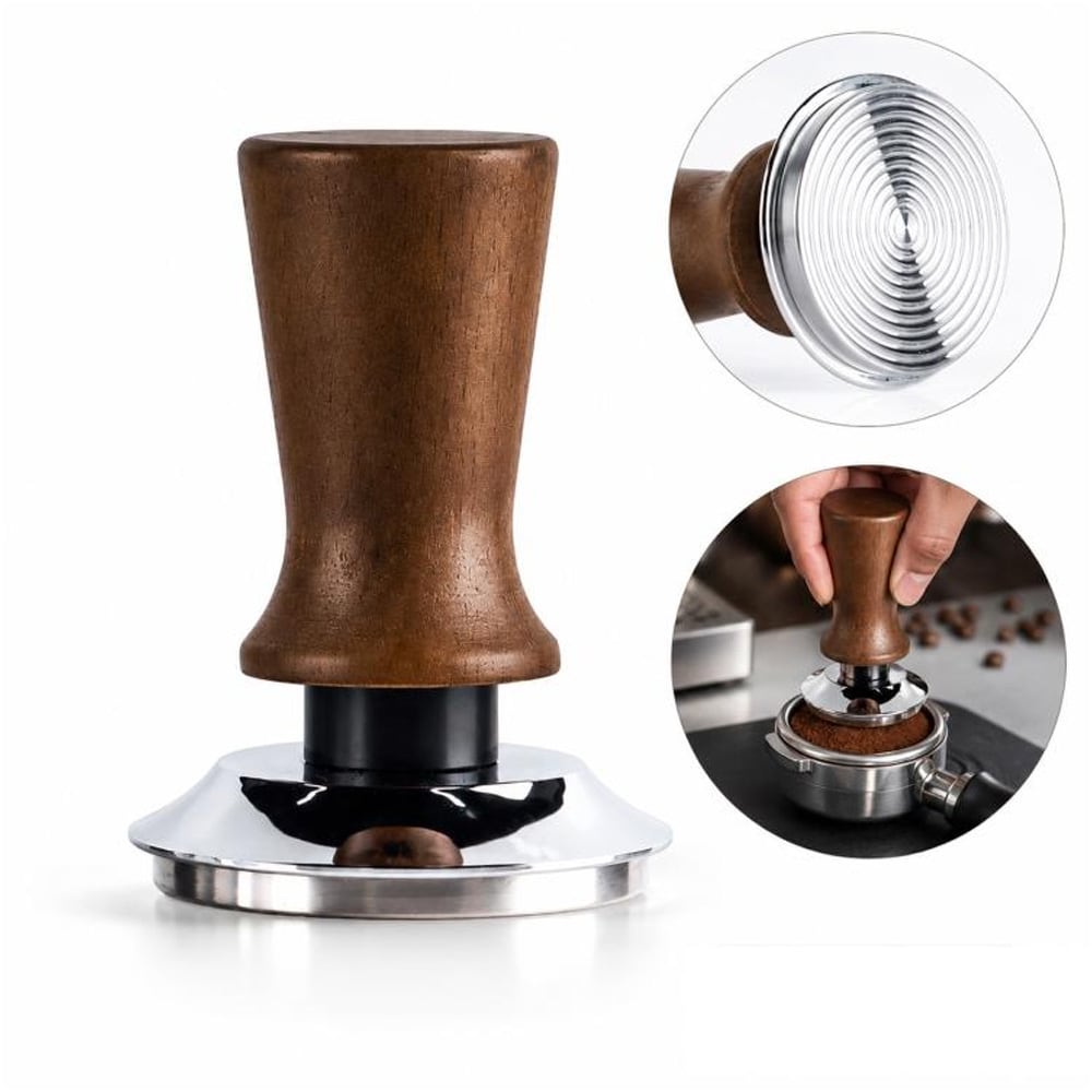 Kaffetamper 53mm i rostfritt stål med trähandtag, gängad botten / Espressotamper