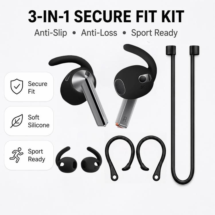 Sportkit med öronkrokar och tappsäkert band till Galaxy Buds3 Pro - Svart / Öronkit / Sportskydd