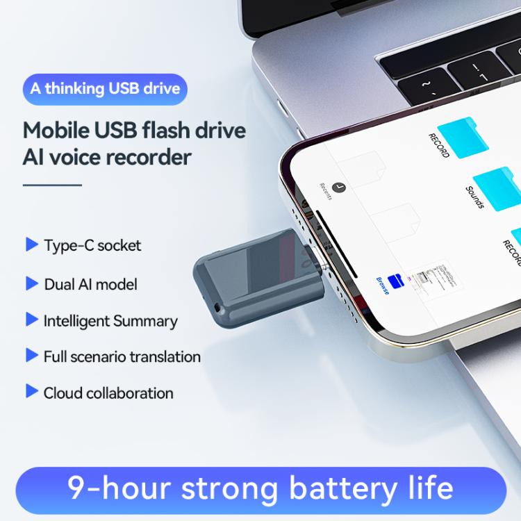 AI-diktafon med USB-C 16GB - Mörkblå / Bärbar röstinspelare / USB-minne med inspelning