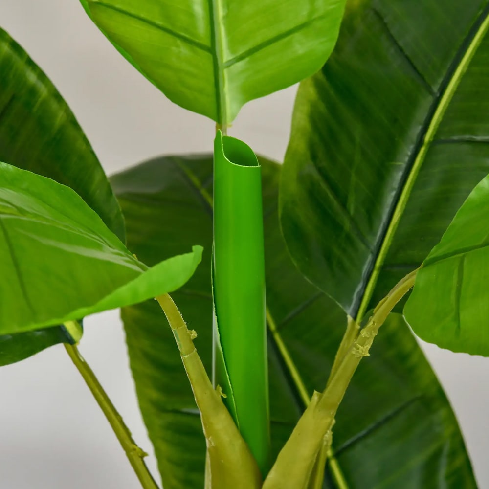 Konstgjord bananplanta 150 cm / konstväxt med 18 blad och kruka / dekorationsväxt – Grön
