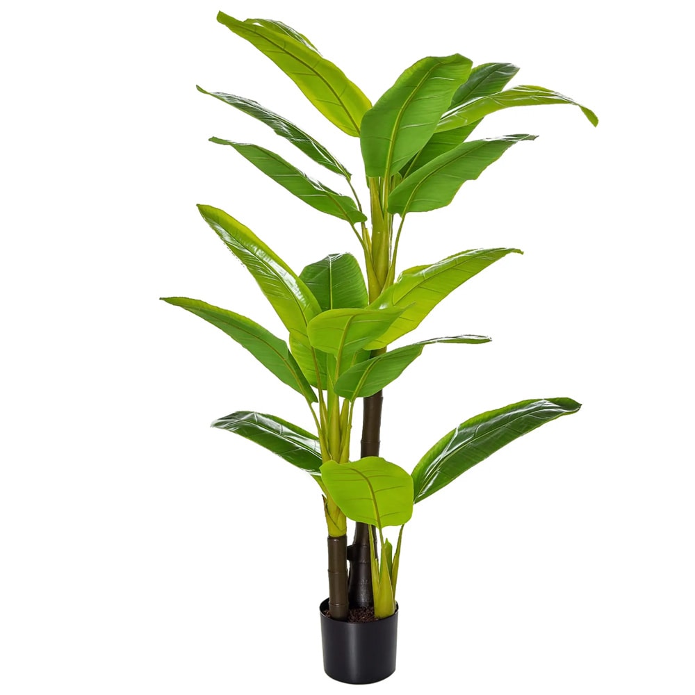 Konstgjord bananplanta 150 cm / konstväxt med 18 blad och kruka / dekorationsväxt – Grön