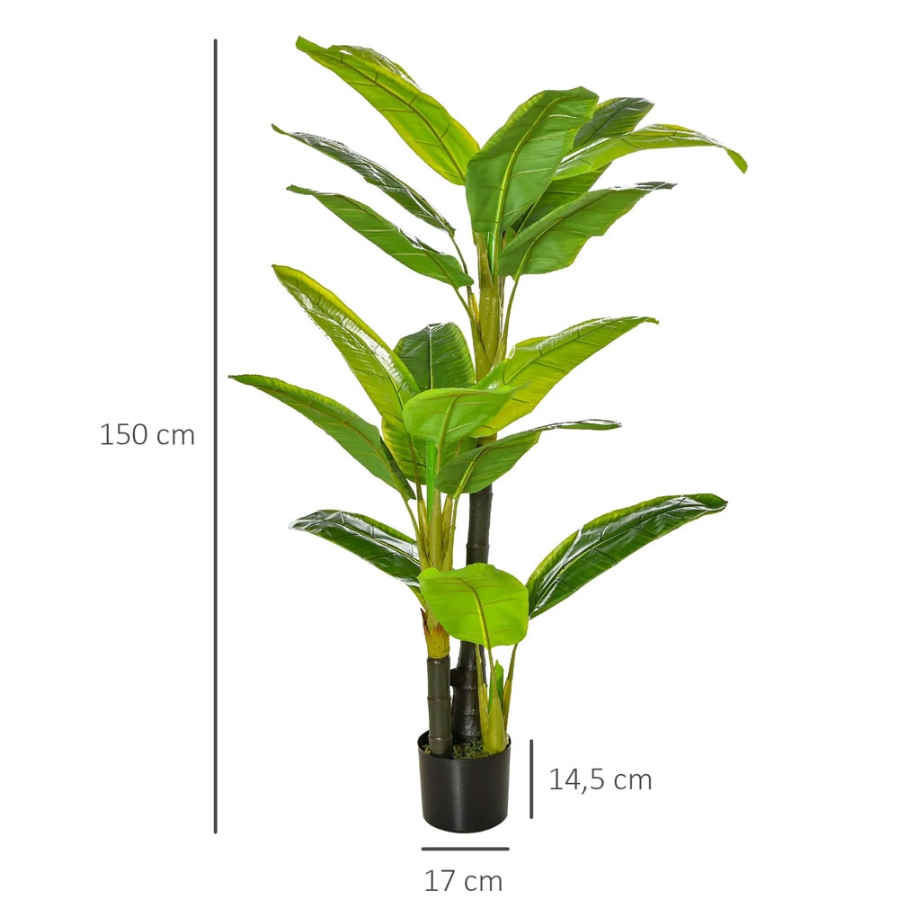 Konstgjord bananplanta 150 cm / konstväxt med 18 blad och kruka / dekorationsväxt – Grön