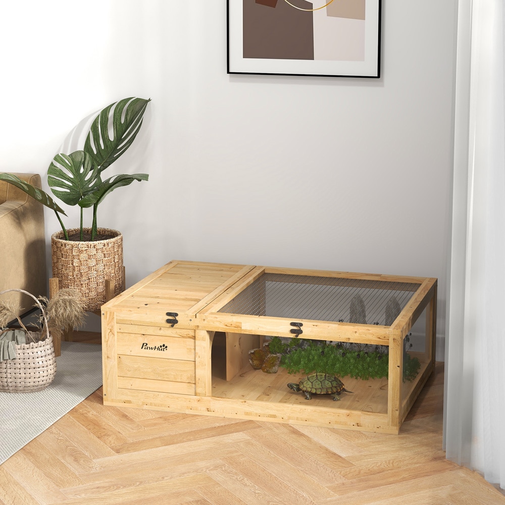 Sköldpaddshus i trä 91×60,5×32 cm / sköldpaddshage med vilodel och öppningsbara lock – Natur