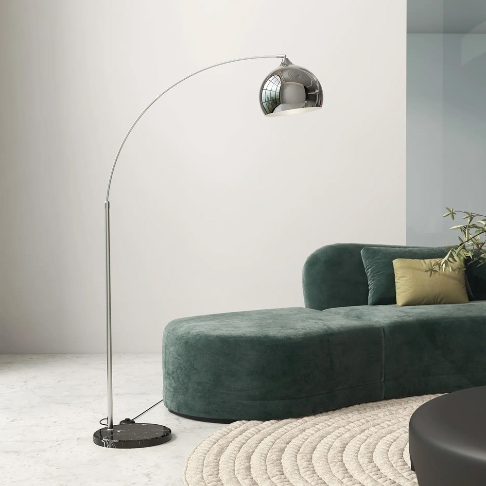 Golvlampa båge 170–180 cm / höjdjusterbar lampa med marmorfot och fotbrytare – Silver/Svart