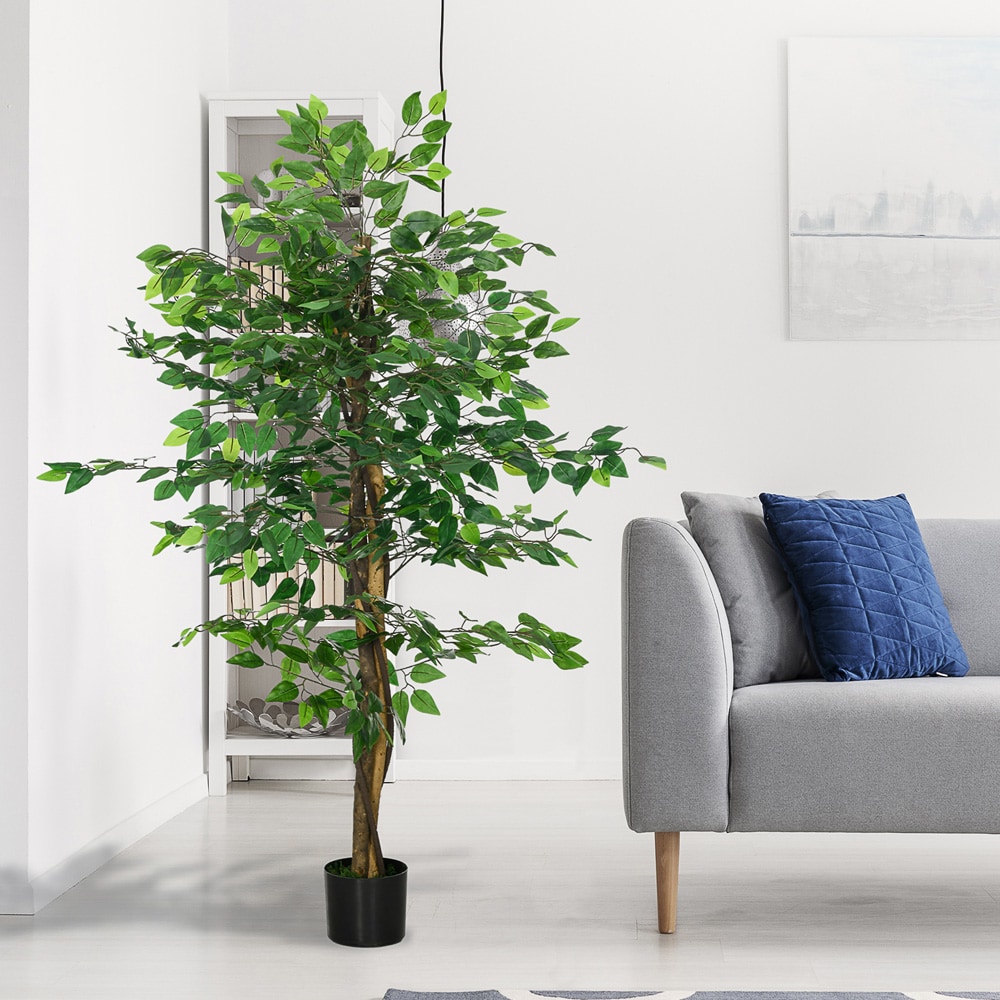Konstgjord fikus 150 cm / fikusträd med 882 blad och kruka / dekorationsväxt – Grön