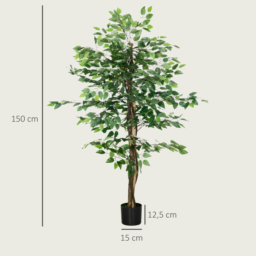 Konstgjord fikus 150 cm / fikusträd med 882 blad och kruka / dekorationsväxt – Grön