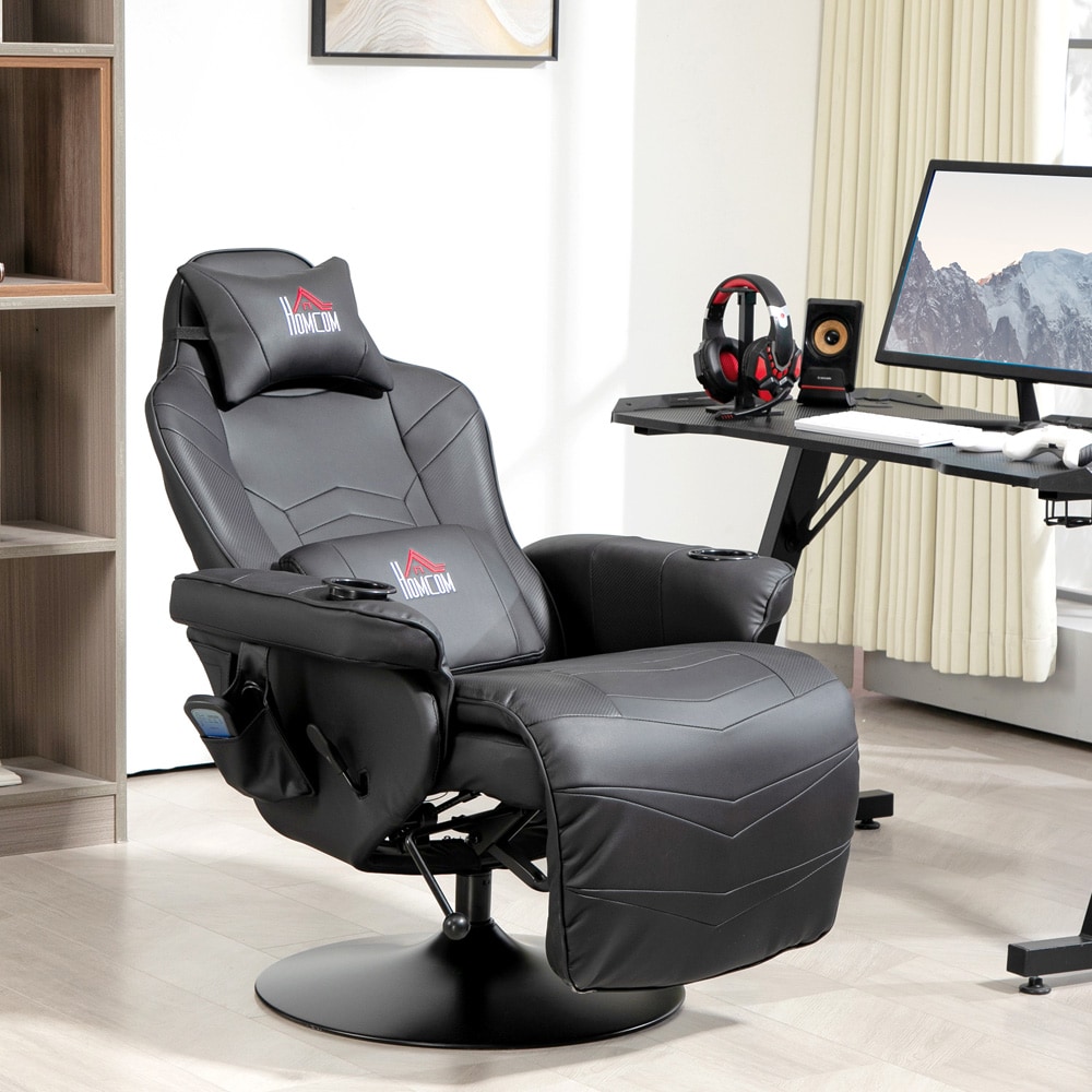 Gamingstol med massagefunktion / fåtölj med fotstöd och justerbart ryggstöd – Svart