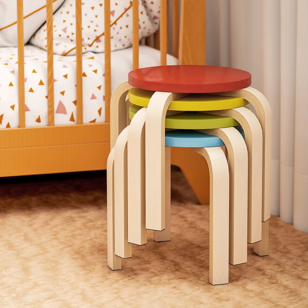 4 st stapelbara pallar / träpallar i björkplywood 36×36×30 cm – Flerfärgade / Sittpallar