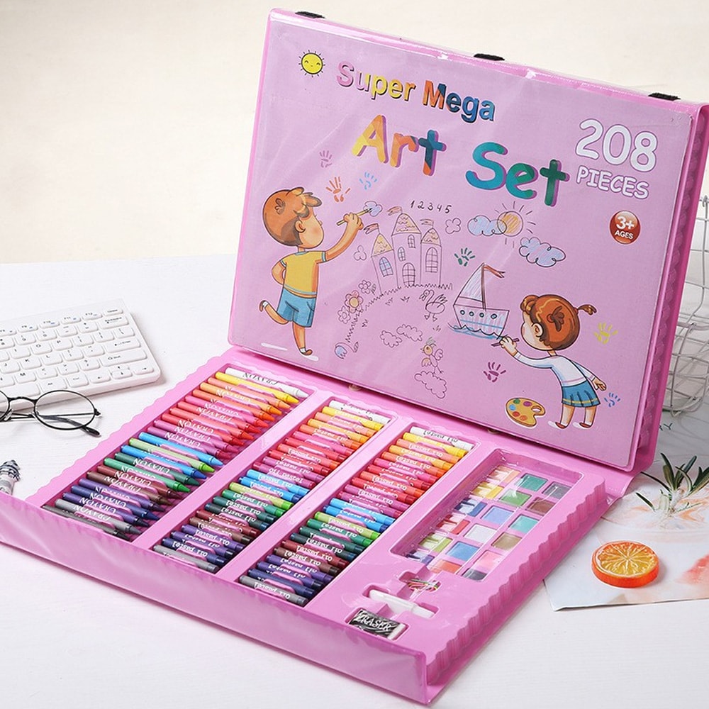 Målarset 208 delar / Komplett konstnärsset med staffli / Kreativt rit- och pysselset för barn