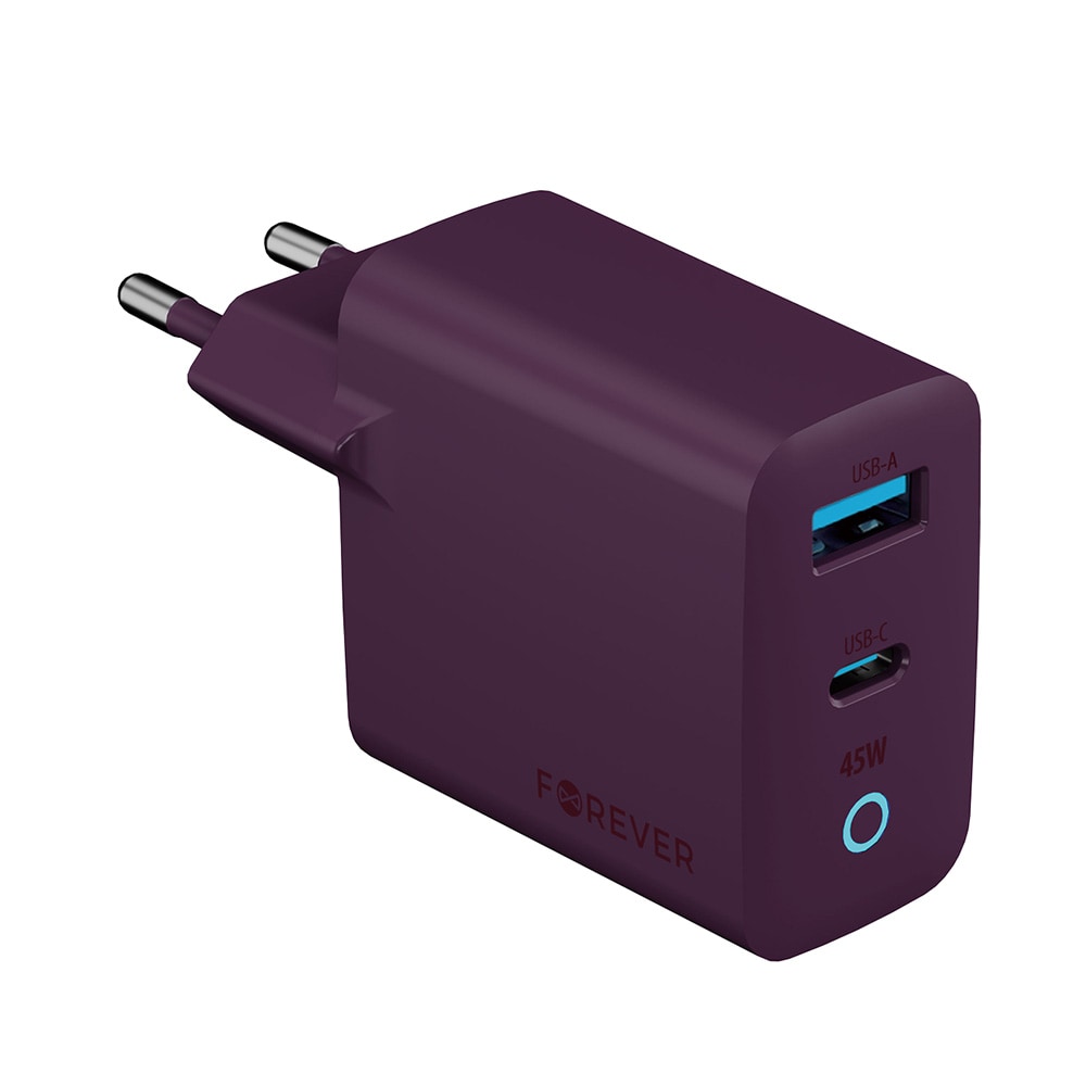 Forever Vibe Väggladdare med GaN PD QC 1x USB-C 1x USB 45W - Mörk Körsbär / Snabbladdare