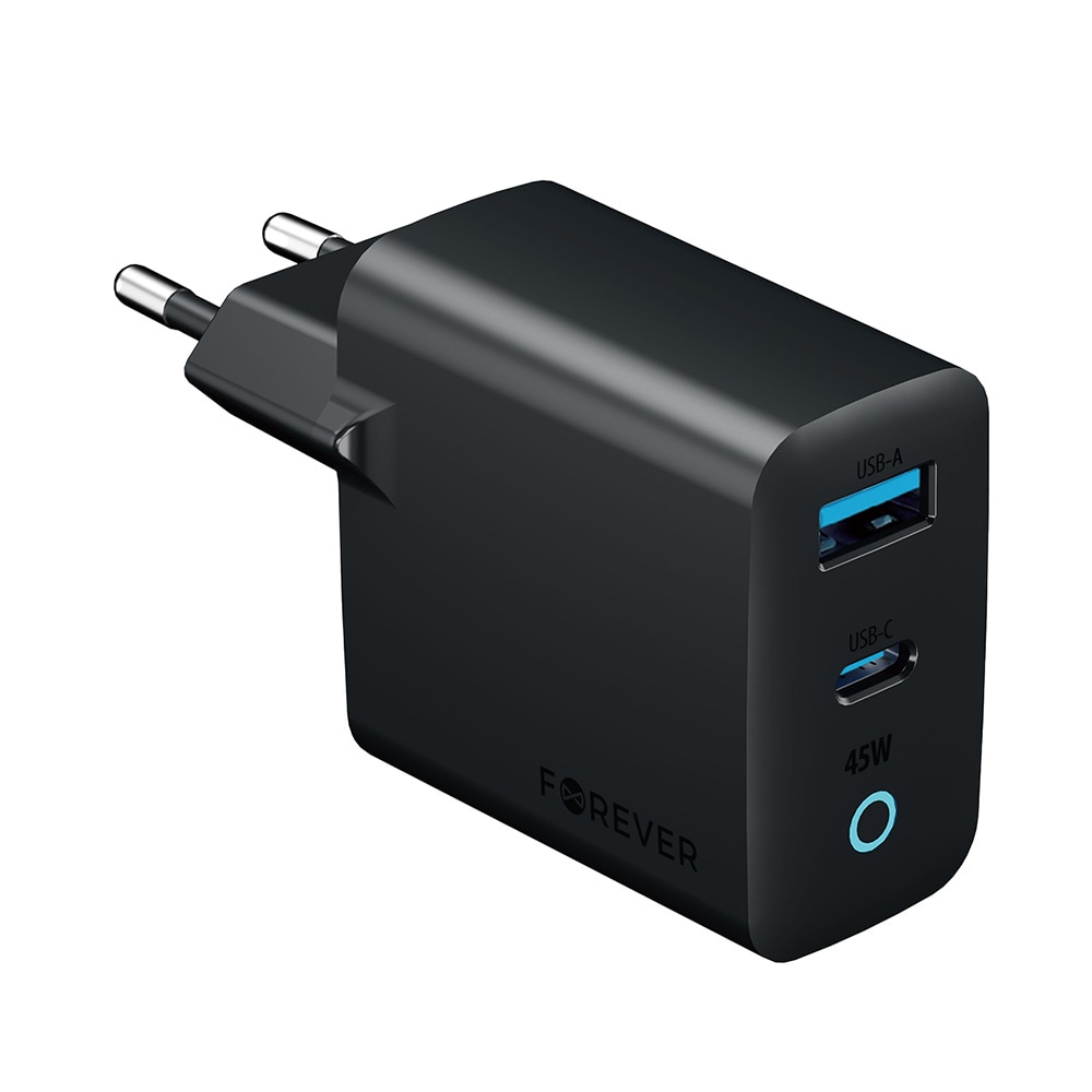 Forever Vibe Väggladdare med GaN PD QC charger 1x USB-C 1x USB 45W - Mörkgrå / Snabbladdare