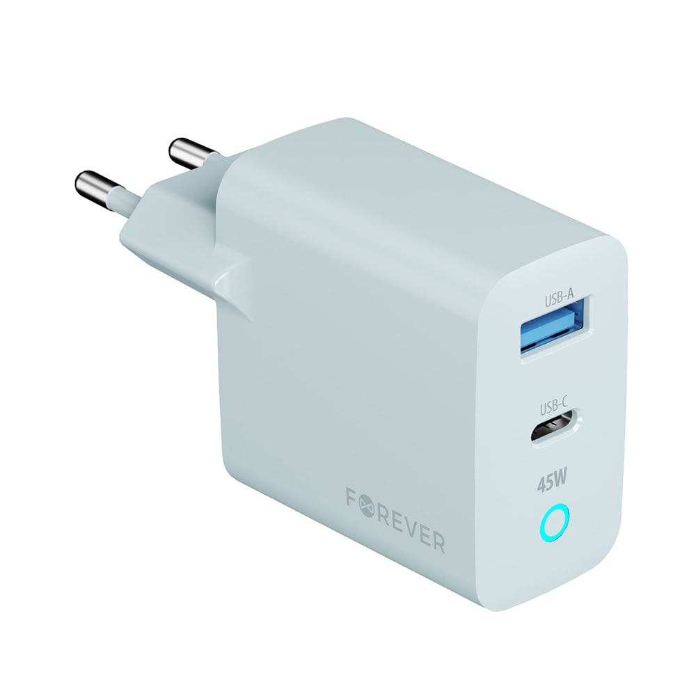 Forever Vibe Väggladdare med GaN PD QC charger 1x USB-C 1x USB 45W - - Silver / Snabbladdare