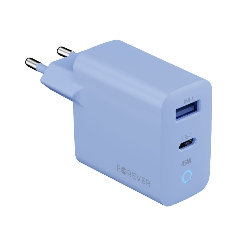Forever Vibe Väggladdare med GaN PD QC charger 1x USB-C 1x USB 45W - Blå / Snabbladdare