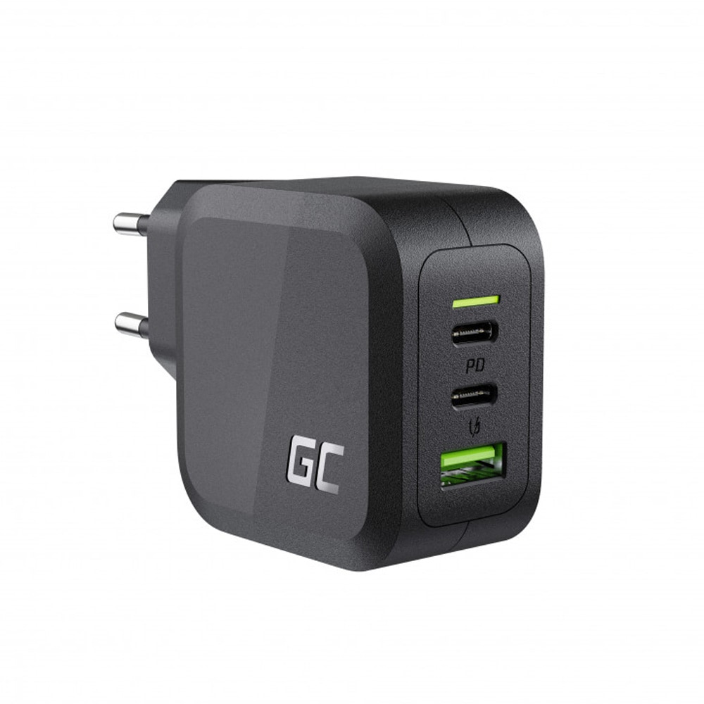 Green Cell PowerGaN 65W Väggladdare med 2xUSB-C 1xUSB QC 3.0 / GaN-laddare / USB-C-laddare
