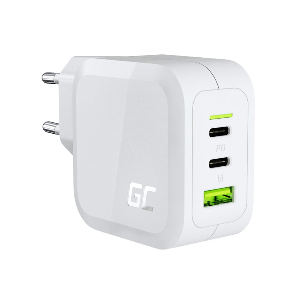 Green Cell PowerGaN 65W Väggladdare med 2xUSB-C 1xUSB QC 3.0 - Vit / GaN-laddare / USB-C-laddare
