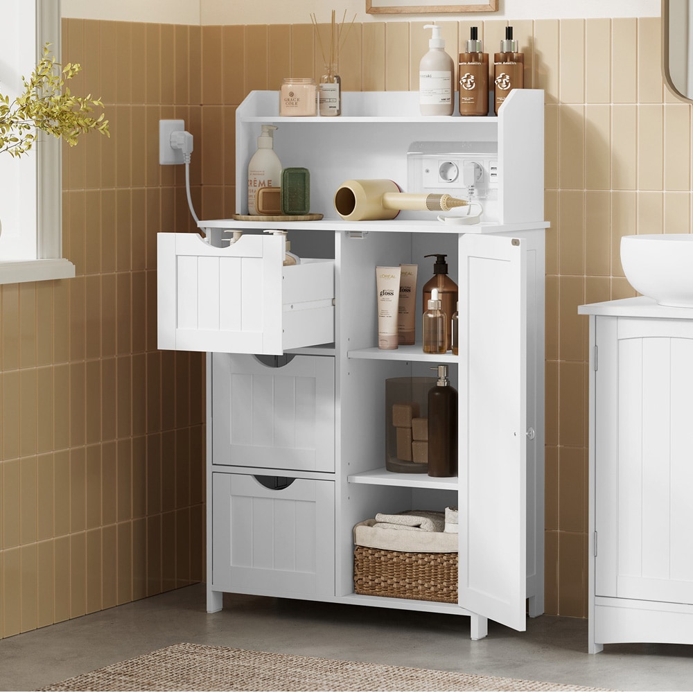 Badrumsskåp med eluttag - Vit / Förvaringsskåp för badrum / Badrumsmöbel med laddstation