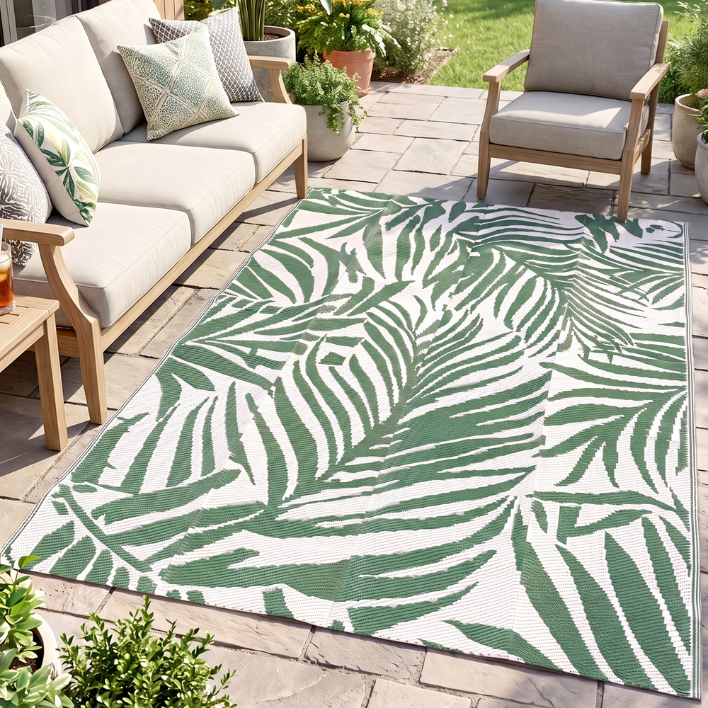 Väderbeständig Utomhusmatta 243x152cm - Grön/vit / Reversibel uteplatsmatta / Vikbar campingmatta
