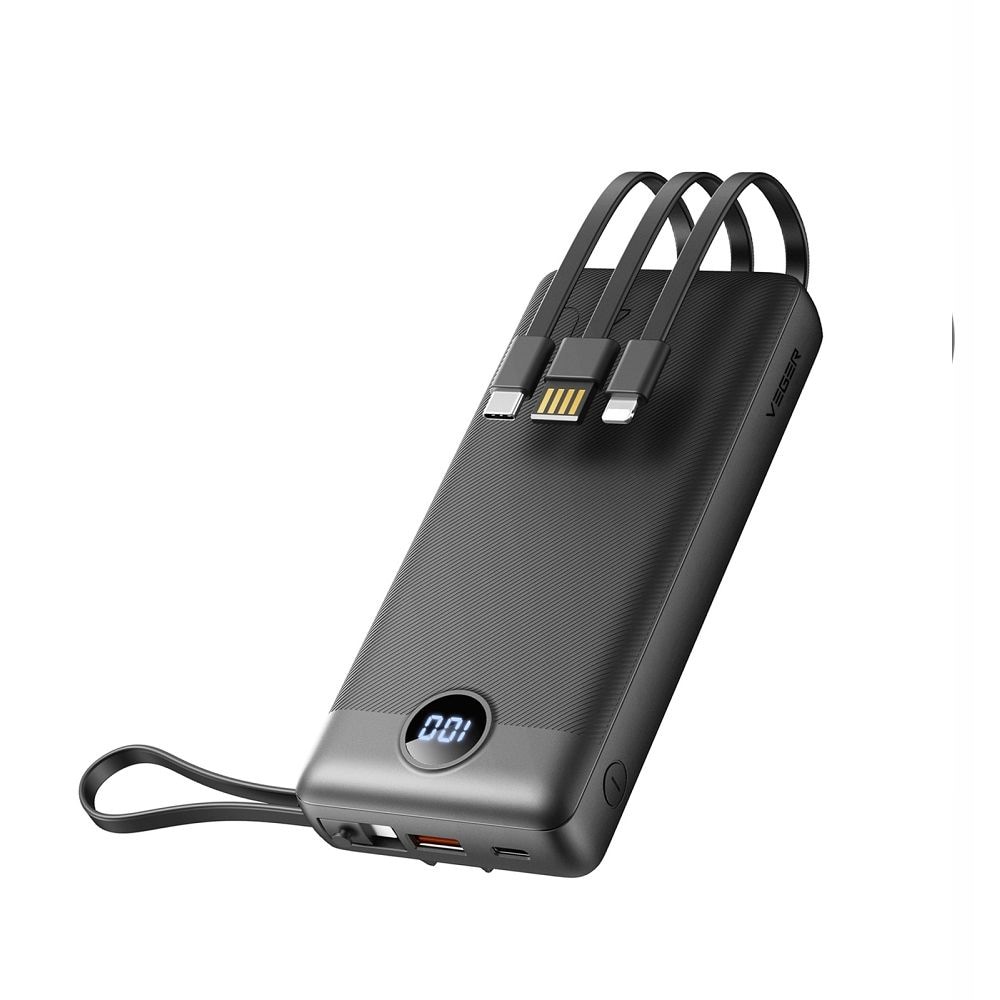 Veger C20 W2047/W2059 Powerbank 20000mAh med micro-USB/USB-C/Lightningkabel - Svart / Extrabatteri