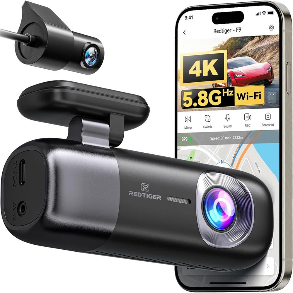 Redtiger F9 4K Dual Mini Dash Cam / Bilkamera fram och bak / Dashcam med GPS och WiFi