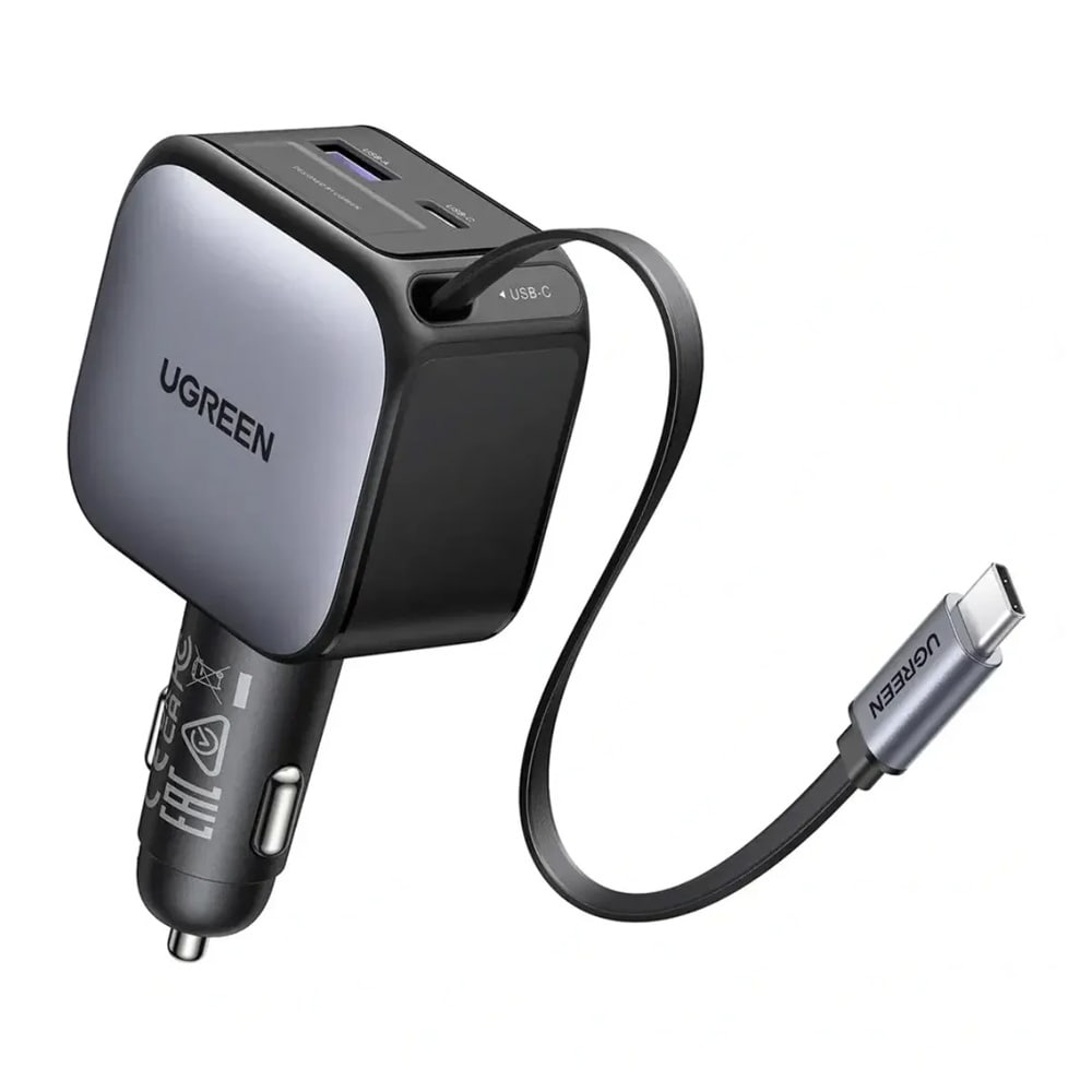 Ugreen EC60 60W Billaddare med utdragbar USB-C-kabel och 1xUSB, 1xUSB-C / 3-portars billaddare
