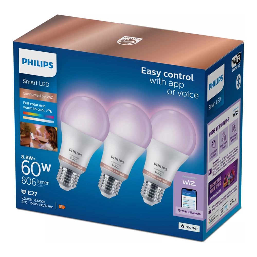 Philips RGB Smart Lampa E27 A60 8,8W 3-pack / WiFi LED-lampa / RGB smartlampa 806 lm