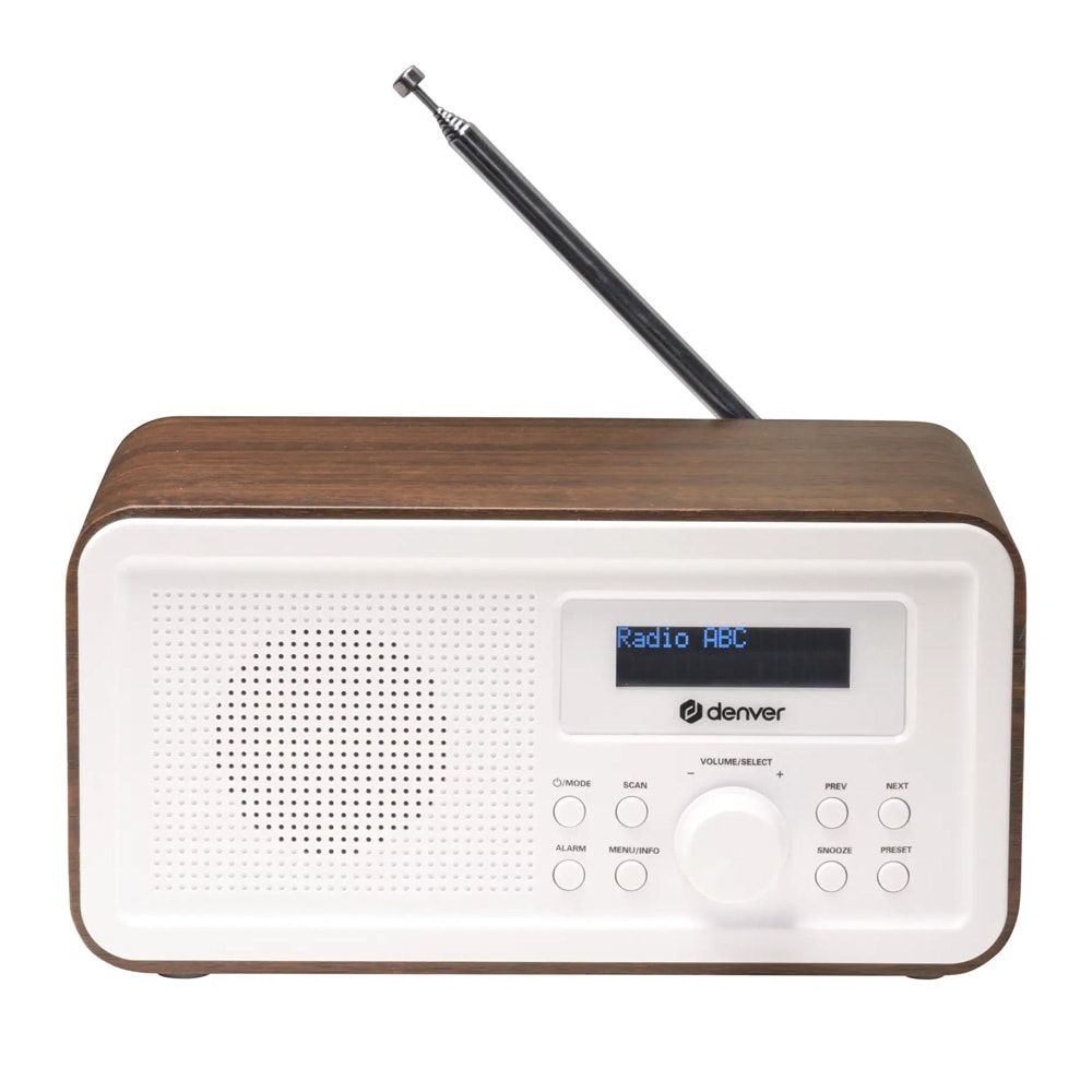 Denver DAB-30DW DAB+/FM-Radio / Portabel DAB-radio / Klockradio med träfinish