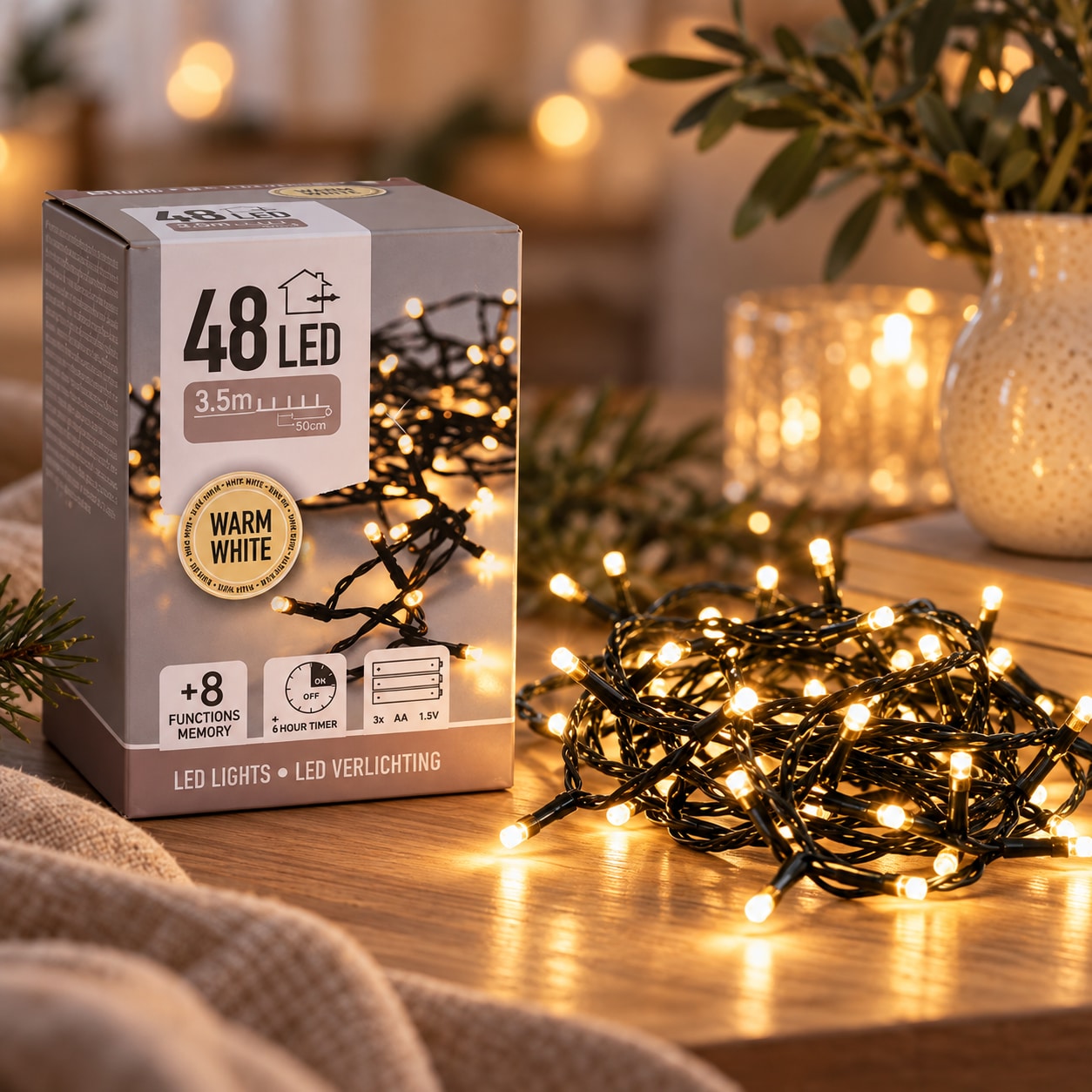 Batteridrevet lysslynge med 48 LED-pærer og varmhvitt lys / Dekorasjonsslynge / LED-batterislynge