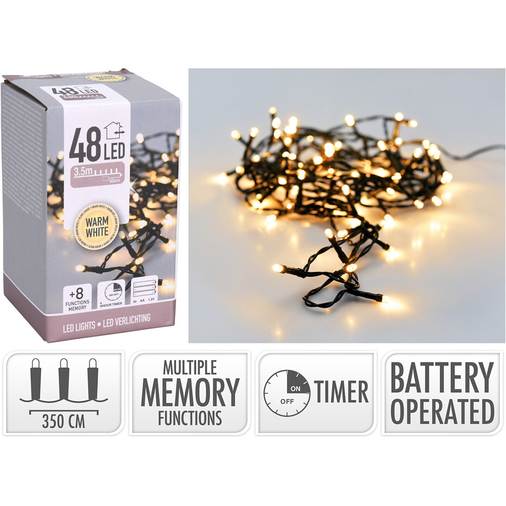 Batteridriven ljusslinga med 48 LED och varmvitt ljus / Dekorationsslinga / LED-batterislinga