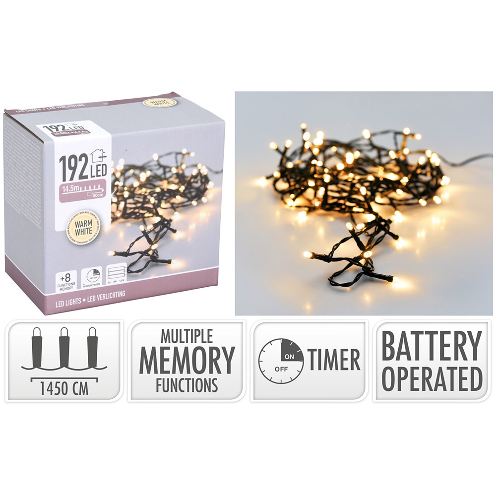 Batteridriven ljusslinga med 192 LED och varmvitt ljus / Dekorationsslinga / LED-batterislinga