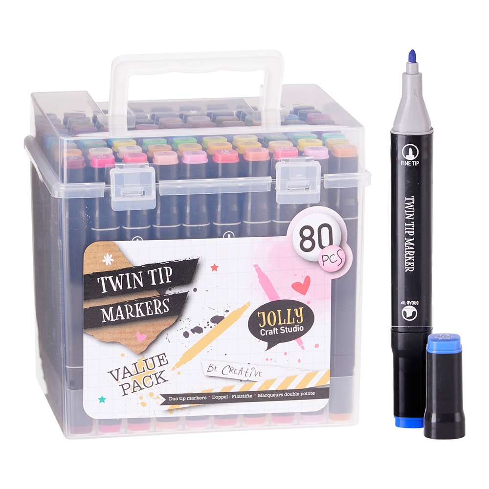 Stort set med tuschpennor 80-pack / Dubbelspetsade färgpennor / Markeringspennor i box