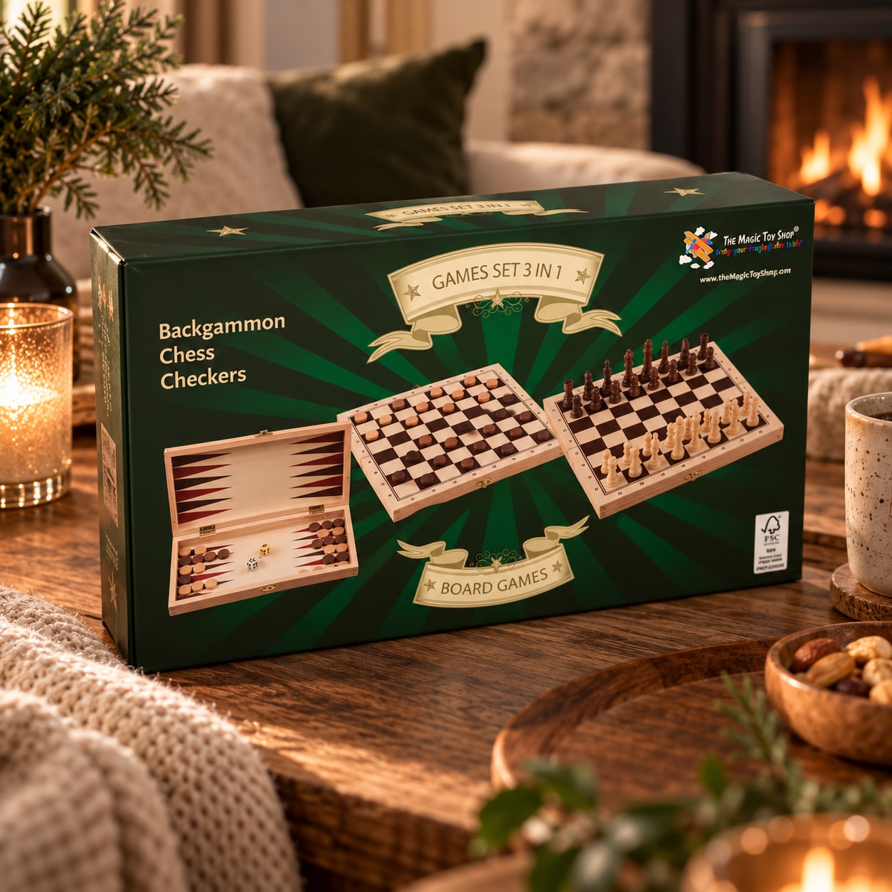 Bordsspel 3i1 - Dam, Backgammon och Shack / Vikbart brädspel / Spelset i trä med förvaring