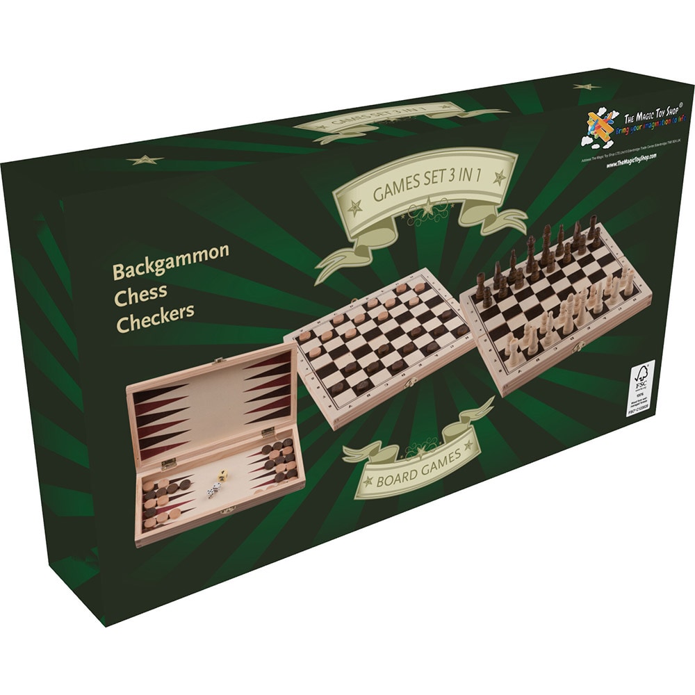 Bordsspel 3i1 - Dam, Backgammon och Shack / Vikbart brädspel / Spelset i trä med förvaring