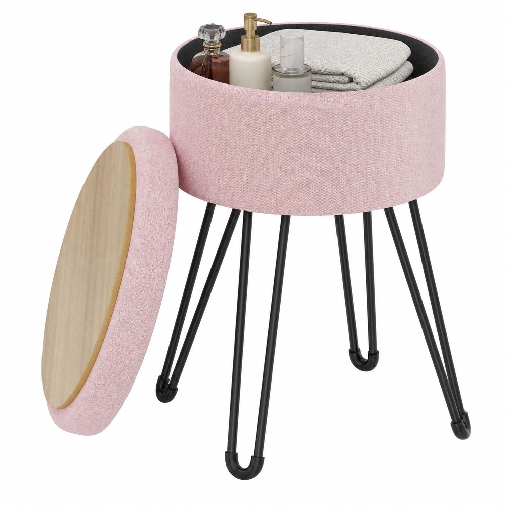 Sittpuff med förvaring i linnelook - Rosa/Svart