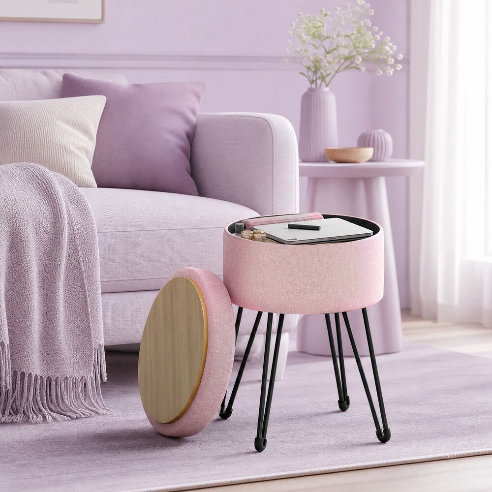Sittpuff med förvaring i linnelook - Rosa/Svart