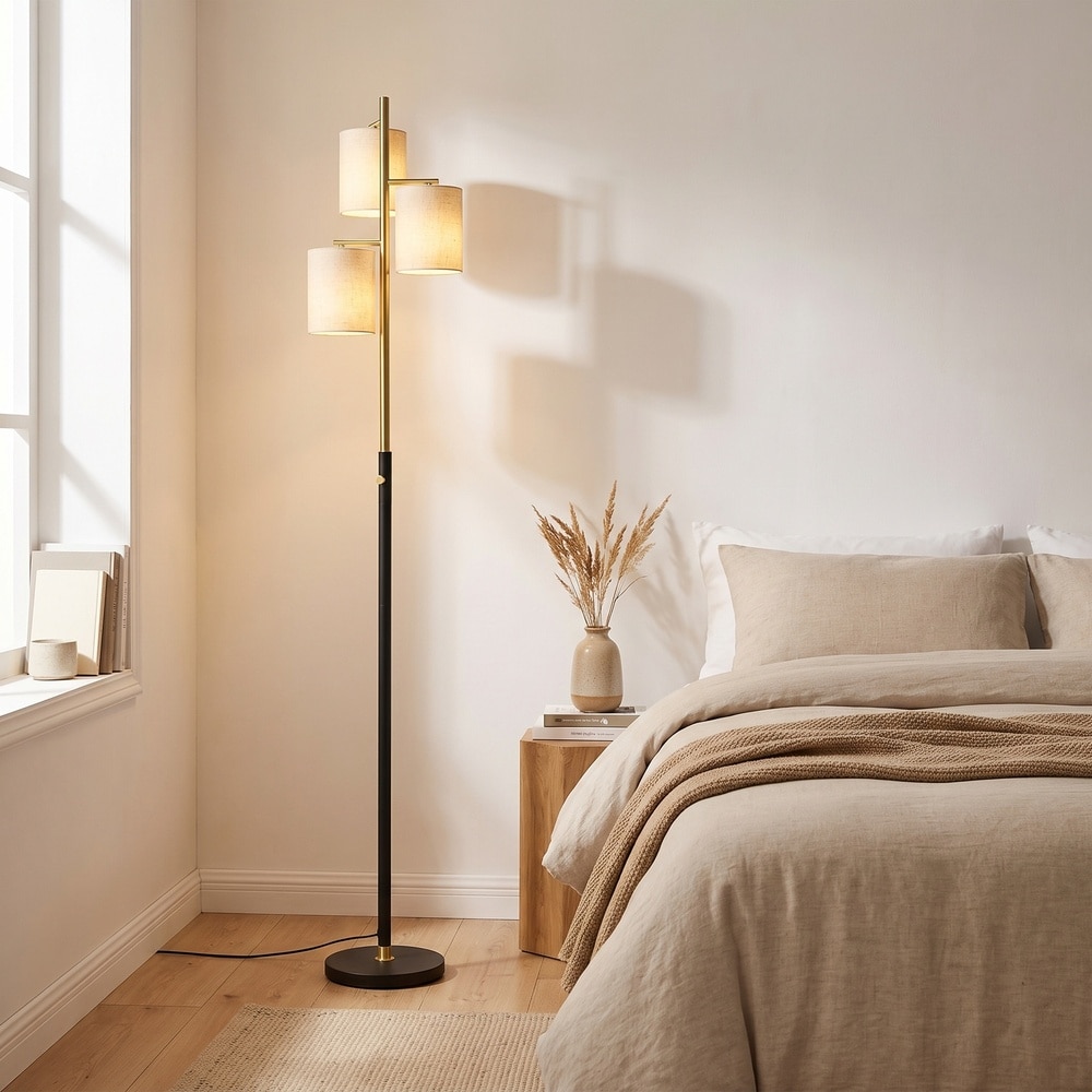 Golvlampa med 3 E27-socklar och tygskärm, höj- och sänkbar - Svart
