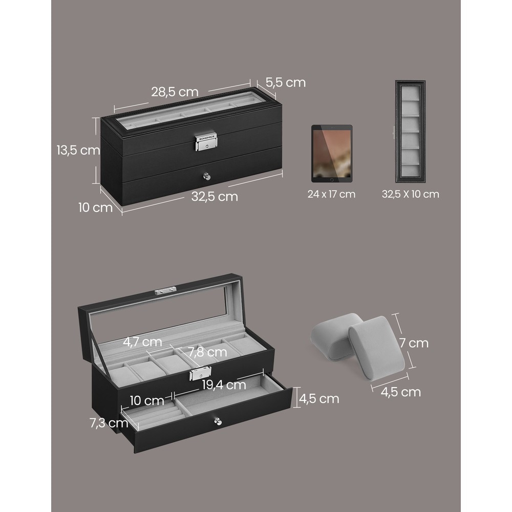 Klockbox med 6 fack, glaslock och låda - Svart/Grå